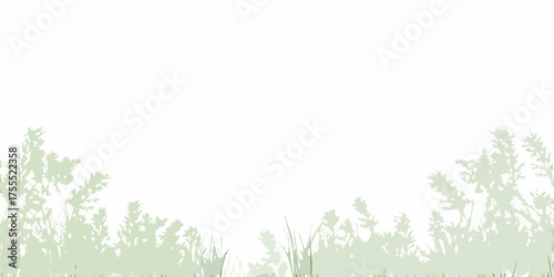 Softly blending green foliage silhouettes bordering a clean white background