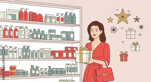 Woman Choosing Presents in a Store with Festive Decorations for Christmas Season