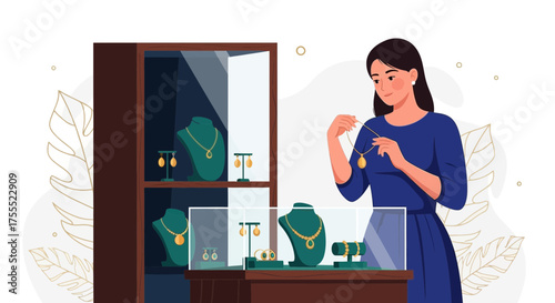 Woman Examining Necklace Near Display Of Jewellery And Luxurious Accessories Online Shopping