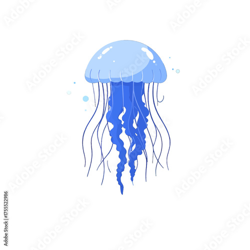 Blue Jellyfish Floating in White Background Digital Illustration Marine Wildlife Creature with Delicate Tentacles and Translucent Bell Ocean Life Theme