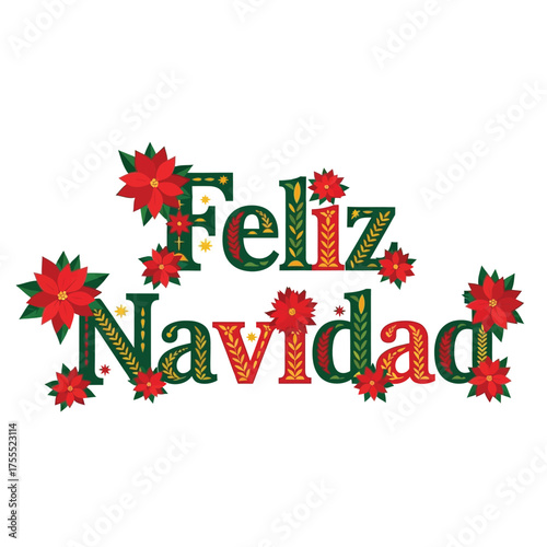 Feliz Navidad text decorated with festive poinsettia flowers and holiday patterns.