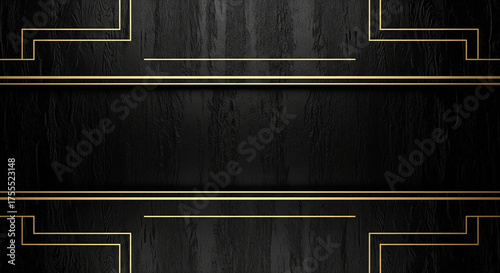 Black textured background with golden line decorations forming frame and wide copy space in center
