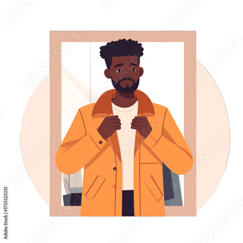 Dark Haired Man Trying On Stylish Orange Jacket With Fur Collar in Fitting Room Framed by Mirror and Illuminated by Soft Lighting