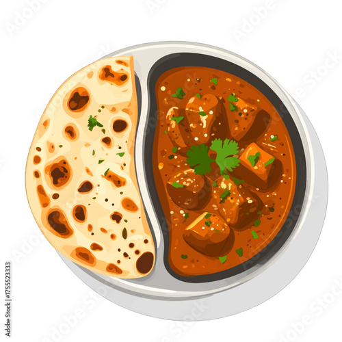 Overhead View of Golden Tandoori Roti Bread and Rich Brown Curry on Plate Garnished with Greens Flat Lay Style Food Still Life Illustration