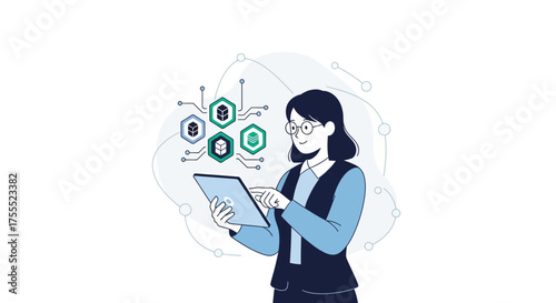 Woman Using Tablet To Interact With Business Data, Technology and Digital Icons