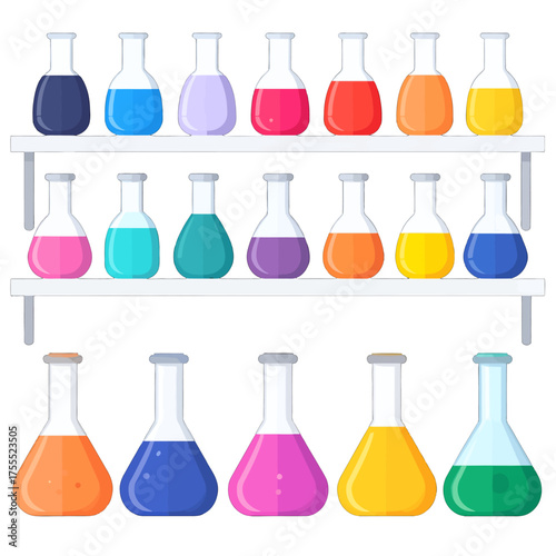 Lab Flasks Filled with Colorful Liquids on White Shelves in White Background