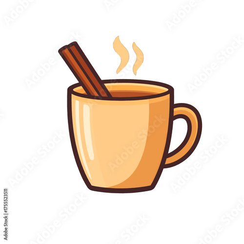 Stylized Pixel Art of Beige Cup Filled with Steaming Brown Beverage and Cinnamon Stick on White Background Vector Illustration
