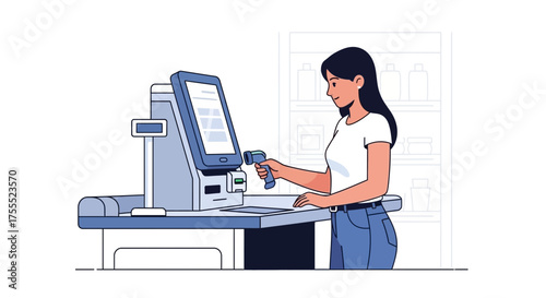 Woman Scanning Items at Automated Checkout Counter in Minimalistic Illustration Style