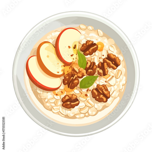 Top View of Oatmeal with Sliced Apples and Walnuts in a White Bowl on White Background