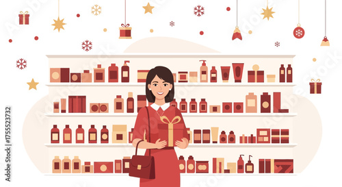Woman Selecting Seasonal Beauty Products In A Cosmetic Store During The Festive Season