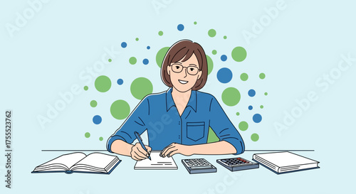 Young Woman With Glasses Working On A Desk, Writing And Calculating Finances
