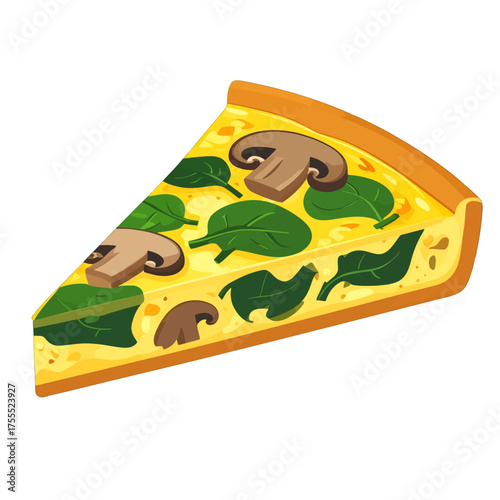 Pixel Art Slice of Quiche with Spinach and Mushrooms on White Background