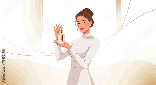 Woman Showcasing Luxurious Perfume Bottle With Abstract Background Detailing a Sense of Elegance