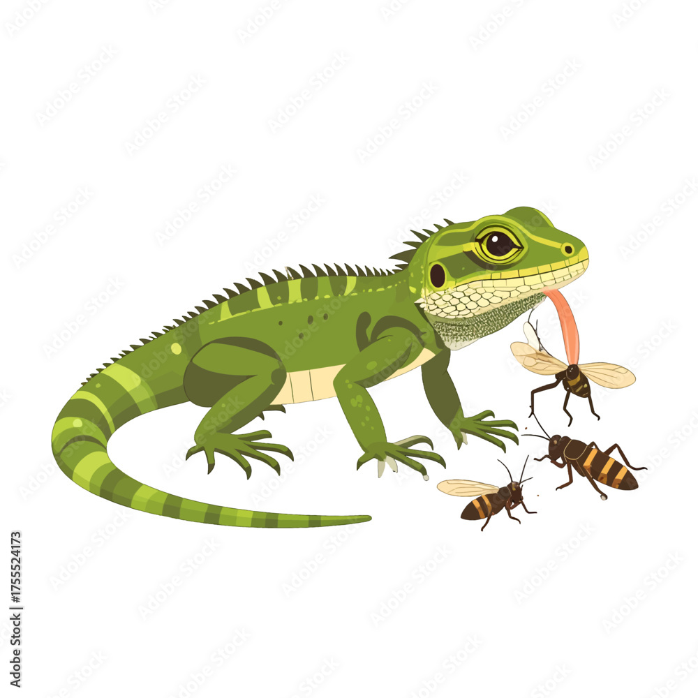 Fototapeta premium Green Lizard Catching Bees with Its Tongue Out on a White Background Pixel Art Illustration
