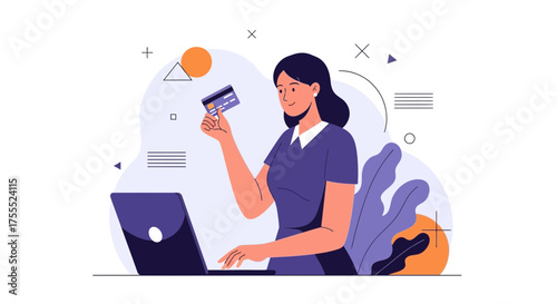 Woman Utilizing Credit Card for Online Transaction on Laptop Computer Seamlessly