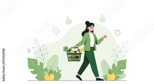 Woman Walking With Grocery Basket Depicting Fresh, Healthy Food Shopping in a Modern Style