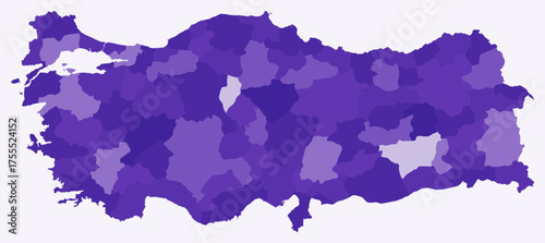 Map of Turkey with regions. Just a simple country border map with region division. Deep purple color palette. Blank Turkey shape with administrative division. Vector illustration.