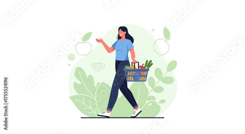 Woman With Shopping Basket Walking Through a Garden of Fresh Fruits and Vegetables