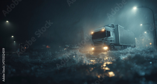 Flooded road stopping delivery truck, climate impact on logistics delivery, moody lighting. Generative AI image