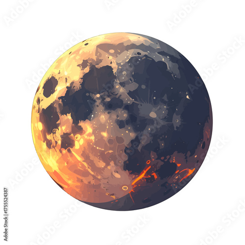 Detailed Lunar Illustration Featuring Orange and Dark Grey Craters on a White Background