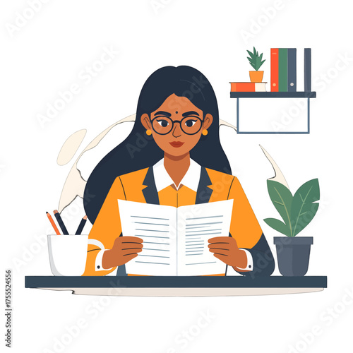 Woman Reading Document in Yellow Blazer at Desk With Potted Plant Books and Stationery Vector Illustration