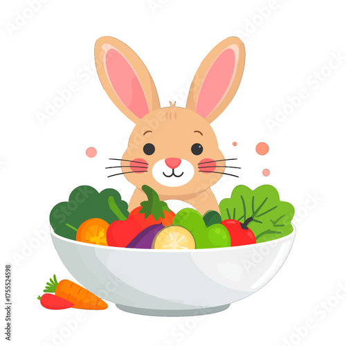 Whimsical Tan Rabbit Peeking from White Bowl of Fresh Vegetables and Fruits on a Clean White Background for Food and Nutrition Concepts
