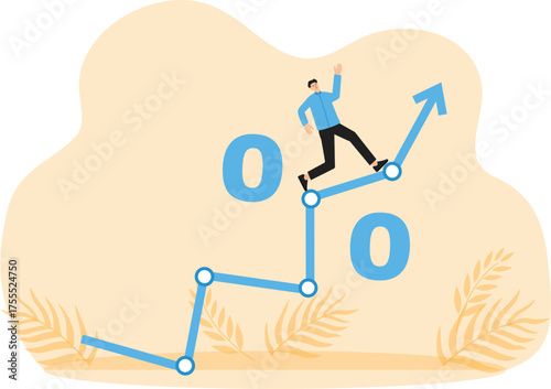 Success in investment in interest rate rise or inflation increase, survive and growth in economic situation, sales or stock market and investing concept, businessman running up on percentage graph.
