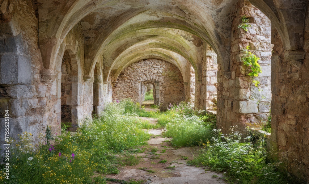 Fototapeta premium Abandoned ruins of an ancient medieval stone castle or tower, covered with moss and overgrown with ivy, a mysterious view of a ruined palace, romantic castlecore style, AI-generated