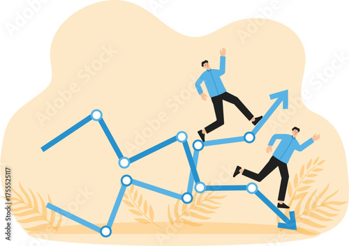 Profit and loss and investment direction or economic forecast, growth and decline in profit, make money or losing money concept, businessman running on rising up and down graph and decline recession d