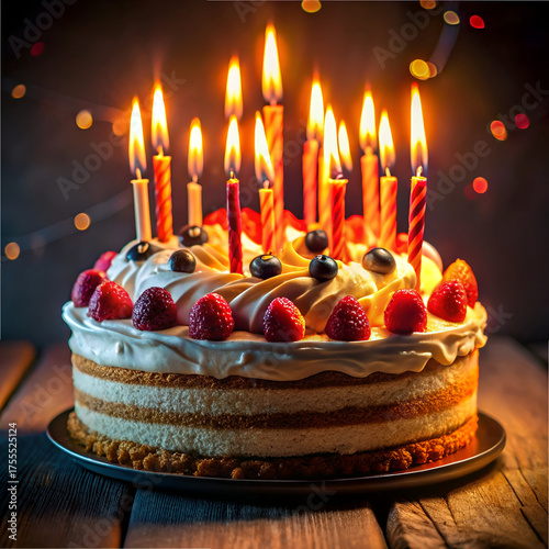 Delicious Birthday Cake with Burning Candles