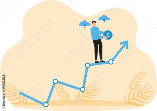 Risk and uncertainty and investment volatility or stock market and crypto currency fluctuation up and down, all weather strategy concept, businessman acrobat planning to walk on risky investment graph