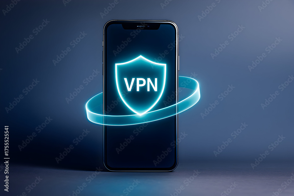 Fototapeta premium Mobile VPN Security with Shield and Glowing Ring