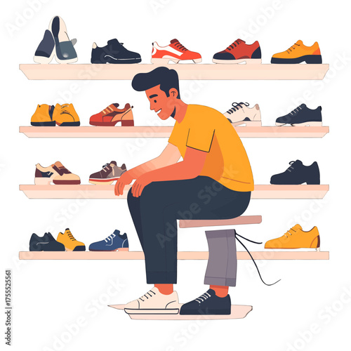 Smiling Man Sits on Stool in Footwear Store with Array of Colorful Shoes on Wooden Shelves Wearing Yellow T-shirt and Dark Pants Choosing Pair