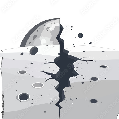 Gray Scaled Cracked Lunar Surface with Crater Texture Pixel Art Illustration Isolated on White Background Showing Catastrophic Destruction