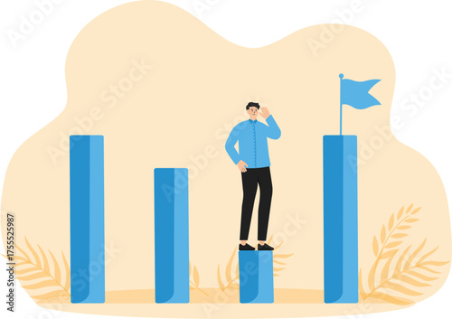 Effort to reach target or achieve success goal, ambition or determination to grow and reaching goal, courage and growth concept, businessman climb up chart and graph to the top of high bar.

