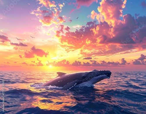 Humpback whale breaches surface, waves gently rolling. Warm sunset hues light the sky, birds fly above. Peaceful scene