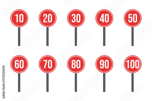 Set of Red Circular Road Signs with Numbers from 10 to 100 for Speed Limit and Traffic Design