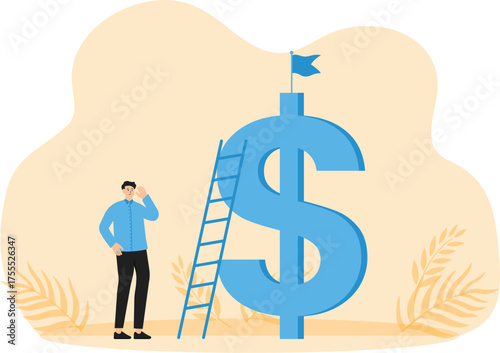 Money ladder to achieve financial independent goal, challenge to reach investment target or wealth planning strategy concept, businessman starting to climb up ladder to the top of money dollar sign.

