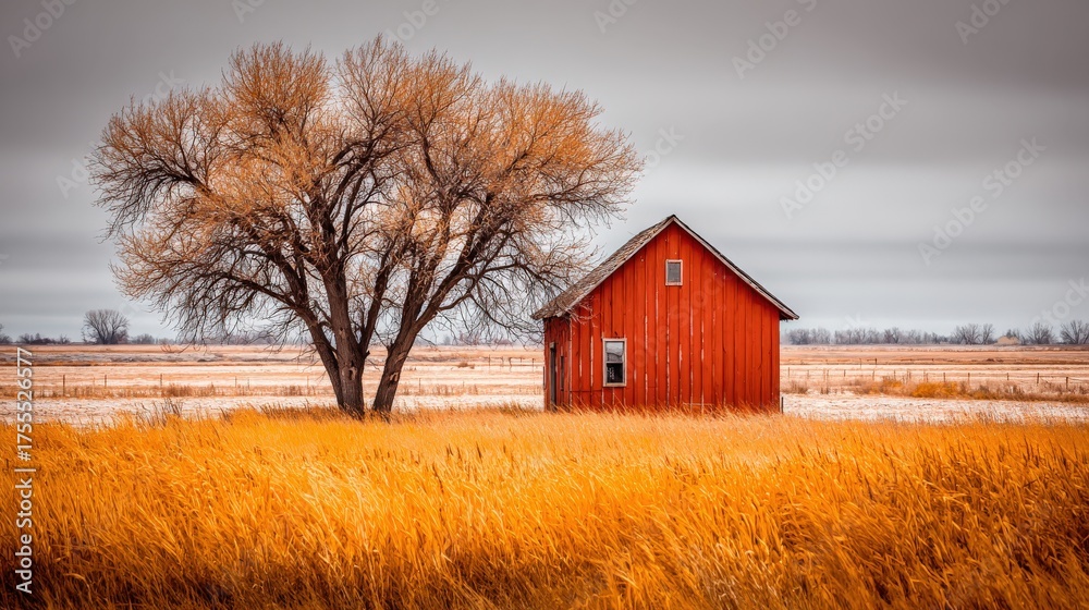 Fototapeta premium Red rural barn stands next to a large tree in a golden field.