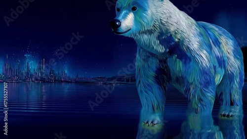 Mystical Polar Bear in Aurora Borealis Reflection, Dreamlike Arctic Scenery,  Fantasy Landscape