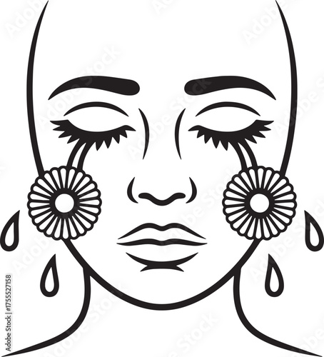 Minimalistic female face line art illustration of crying tears flower cheek art style