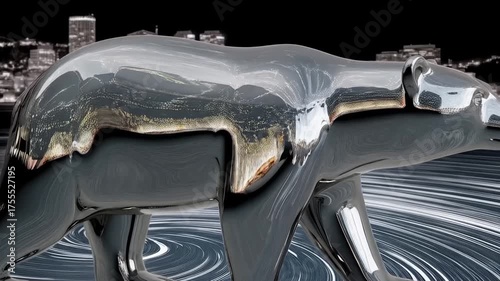 Abstract Silver Bear Sculpture with City Skyline Background for Art Exhibition