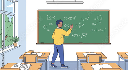 Illustration of a teacher explaining scientific formulas on the chalkboard in a classroom setting