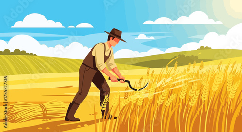 Illustration of a traditional farmer harvesting wheat in a sunny field under a blue sky