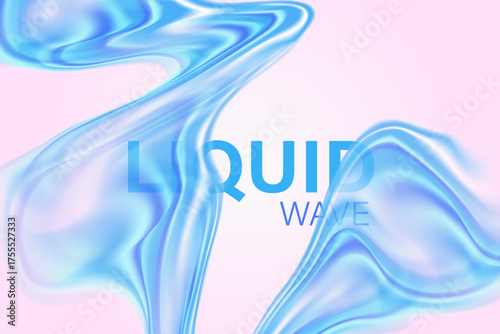 Abstract light blue holographic 3D liquid water wave form, flowing organic fluid splash texture pink background with copy space. Elegant smooth glass shape design element decoration.