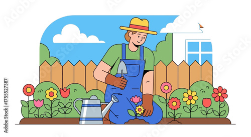 Illustrative gardening scene depicting a person tending to flowers in a vibrant backyard landscape