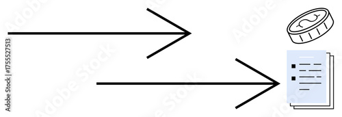 Two arrows pointing to stacked coin and documents, conveying financial objectives or transactional flow. Ideal for business, strategy, finance, investment, decision-making, management, simple flat