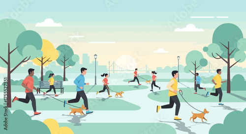 People enjoying outdoor activities like jogging with dogs in a peaceful park setting