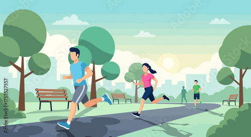 People enjoying a healthy lifestyle by jogging in a park during a sunny day illustration