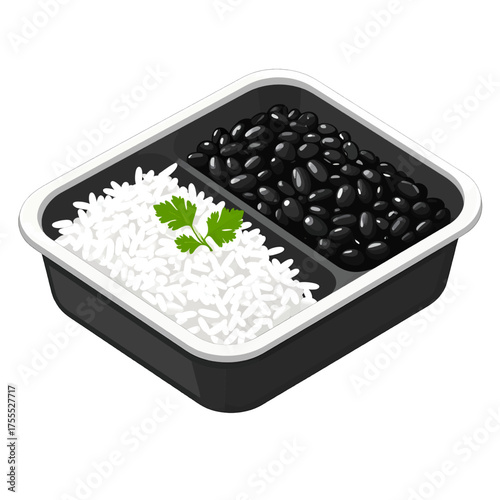 Isometric Black Beans and White Rice Meal Prep Container with Green Parsley in Black Container On White Background